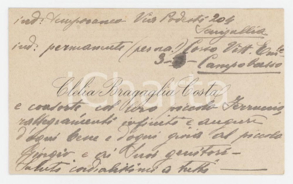1900 ca CAMPOBASSO Clelia BRAGAGLIA COSTA - Biglietto da visita autografo Biglietto da visita d'epoca, con messaggio autografo. GOOD/buono  Formato: 11x7 cm originale e autentica 1