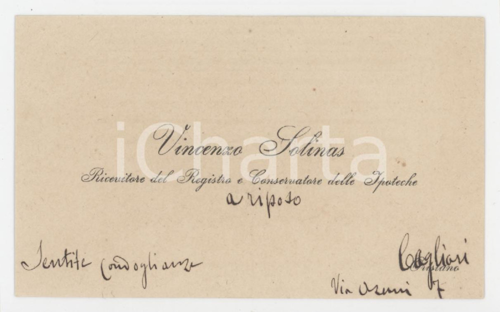 1920 ca CAGLIARI Vincenzo SOLINAS Conservatore Ipoteche - Biglietto AUTOGRAFO