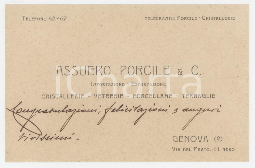 1920 ca GENOVA Via del Prato - Assuero PORCILE Cristallerie *Biglietto da visita