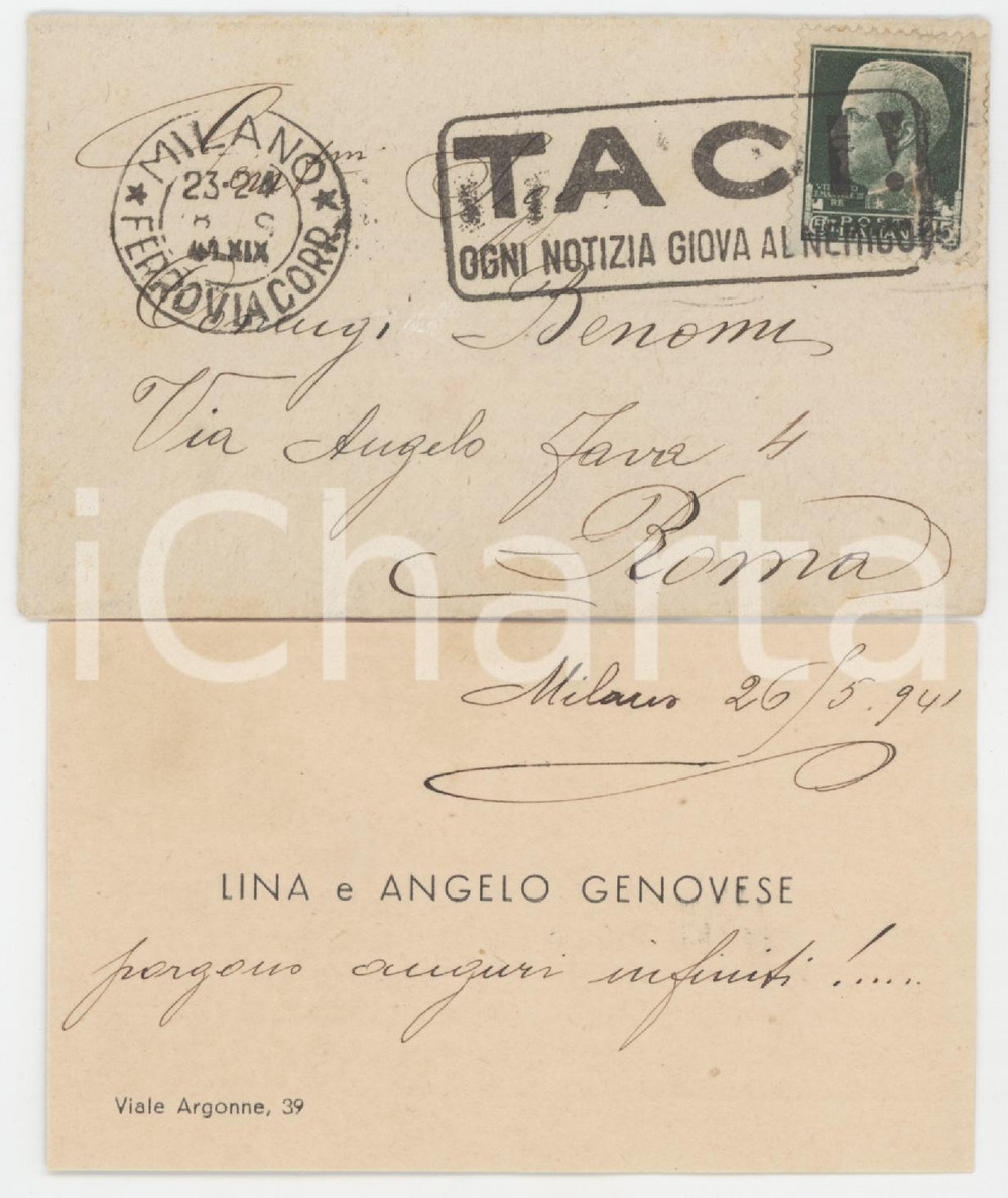 1941 MILANO Viale Argonne - Lina e Angelo GENOVESE - Biglietto da visita