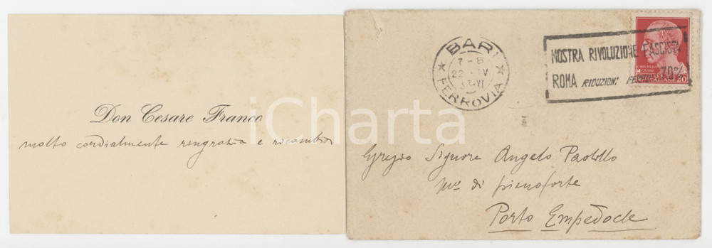 1933 ACQUAVIVA DELLE FONTI Don Cesare FRANCO - Biglietto da visita AUTOGRAFO