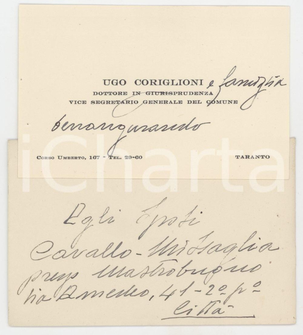 1930 ca TARANTO Ugo CORIGLIONI - Biglietto da visita per auguri