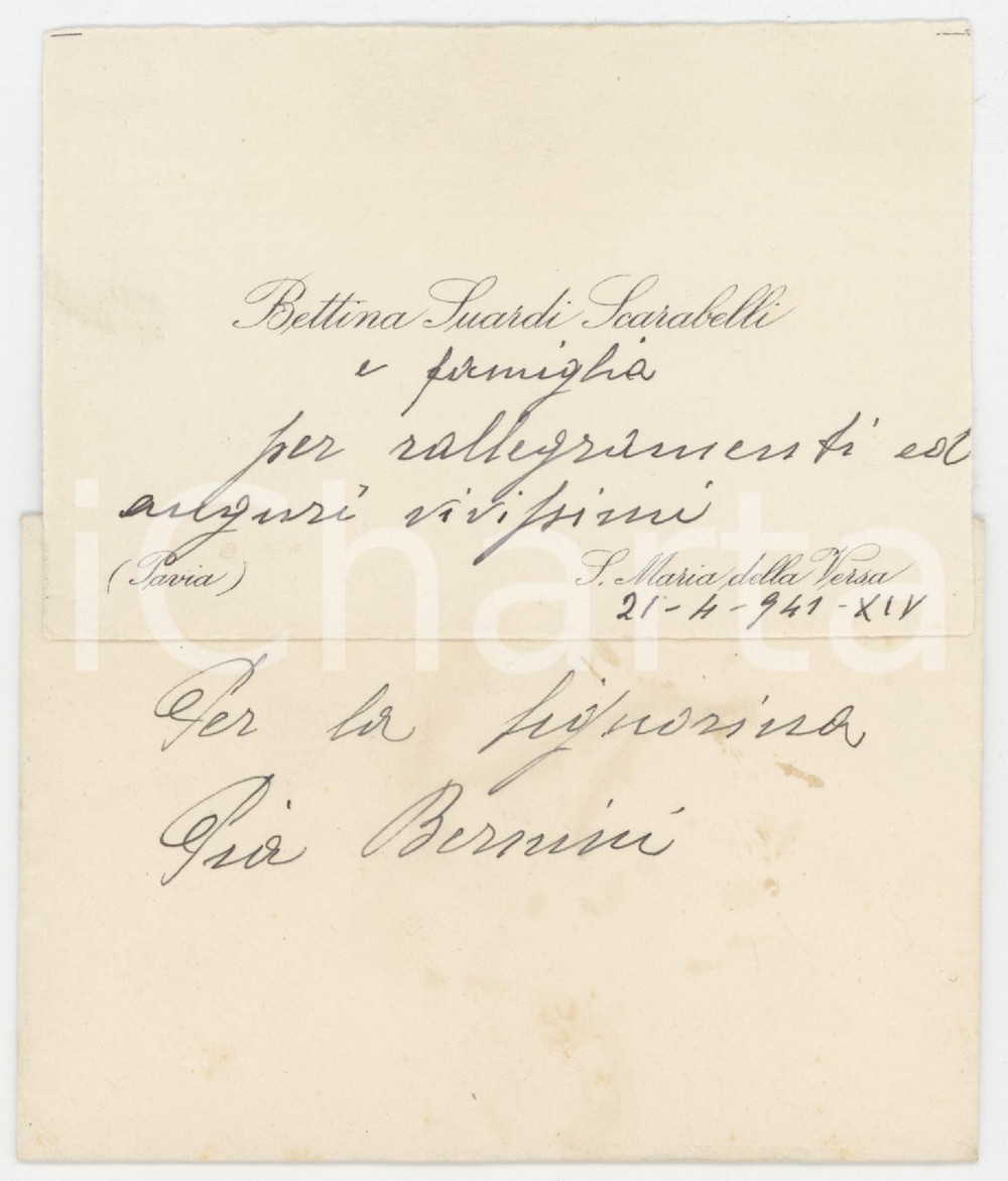 1941 SANTA MARIA DELLA VERSA (PV) Bettina SUARDI SCARABELLI *Biglietto da visita