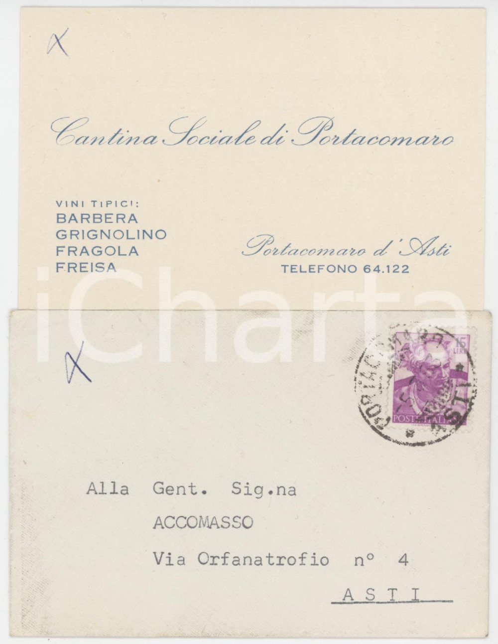 1963 PORTACOMARO D'ASTI (AT) Cantina Sociale - Biglietto da visita con busta