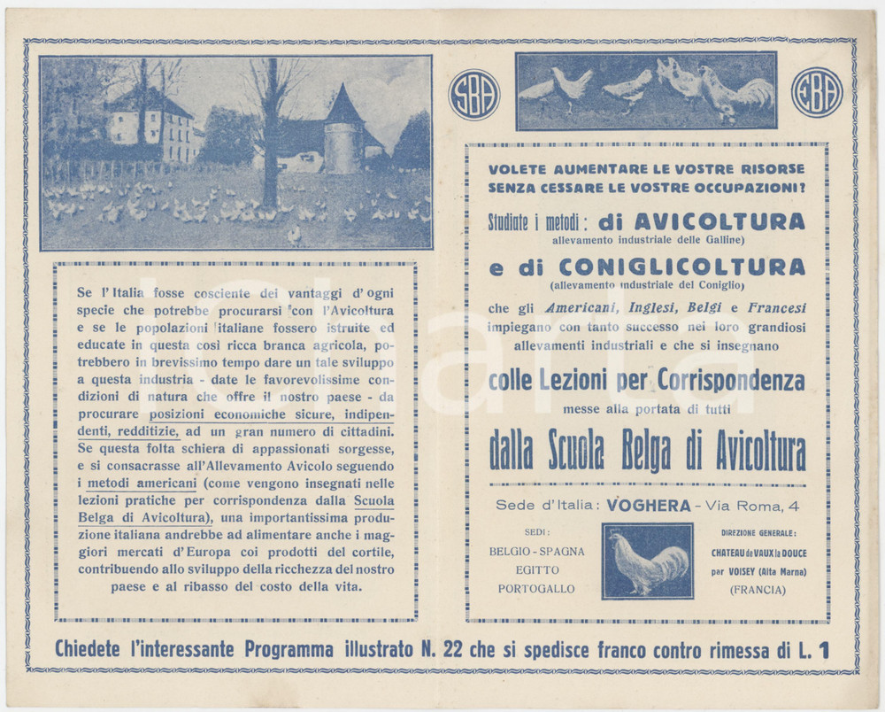 1930 ca VOGHERA (PV) Scuola Belga di AVICOLTURA - Pieghevole ILLUSTRATO