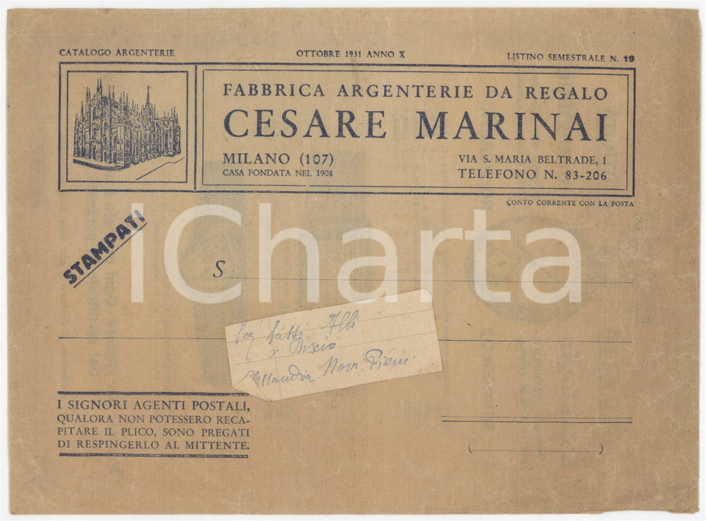 1931 MILANO Cesare MARINAI Fabbrica Argenterie da Regalo - Busta ILLUSTRATA