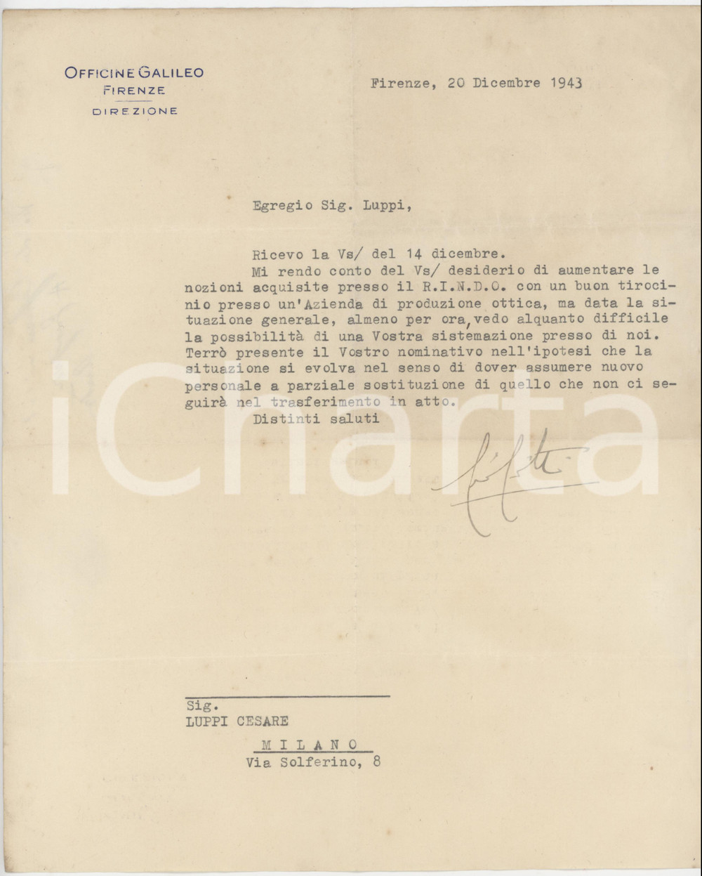 1943 FIRENZE - Direzione OFFICINE GALILEO - Lettera per tirocinio aziendale