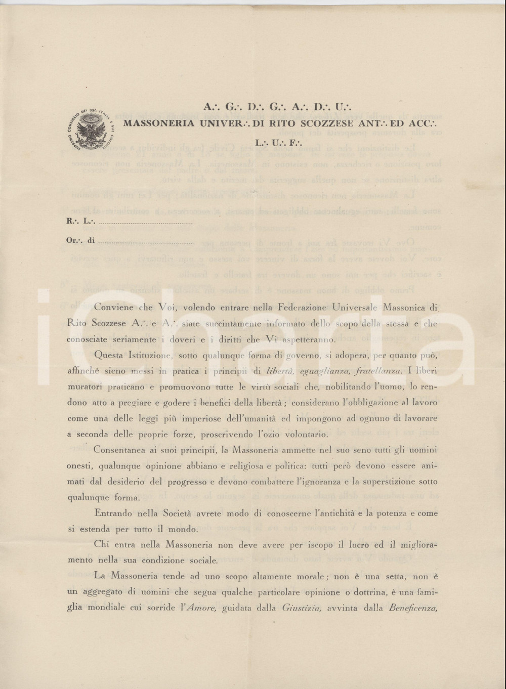 1950 ITALIA MASSONERIA Universale Rito Scozzese - Lettera principi e ammissione