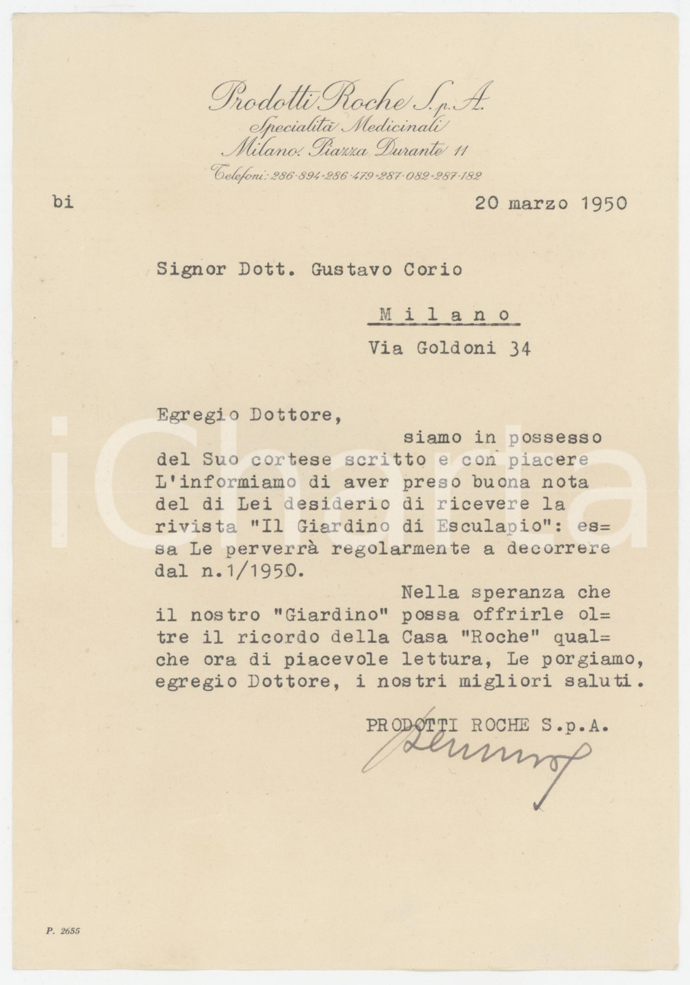 1950 MILANO Medicinali ROCHE - Lettera pubblicitaria "Giardino di Esculapio"