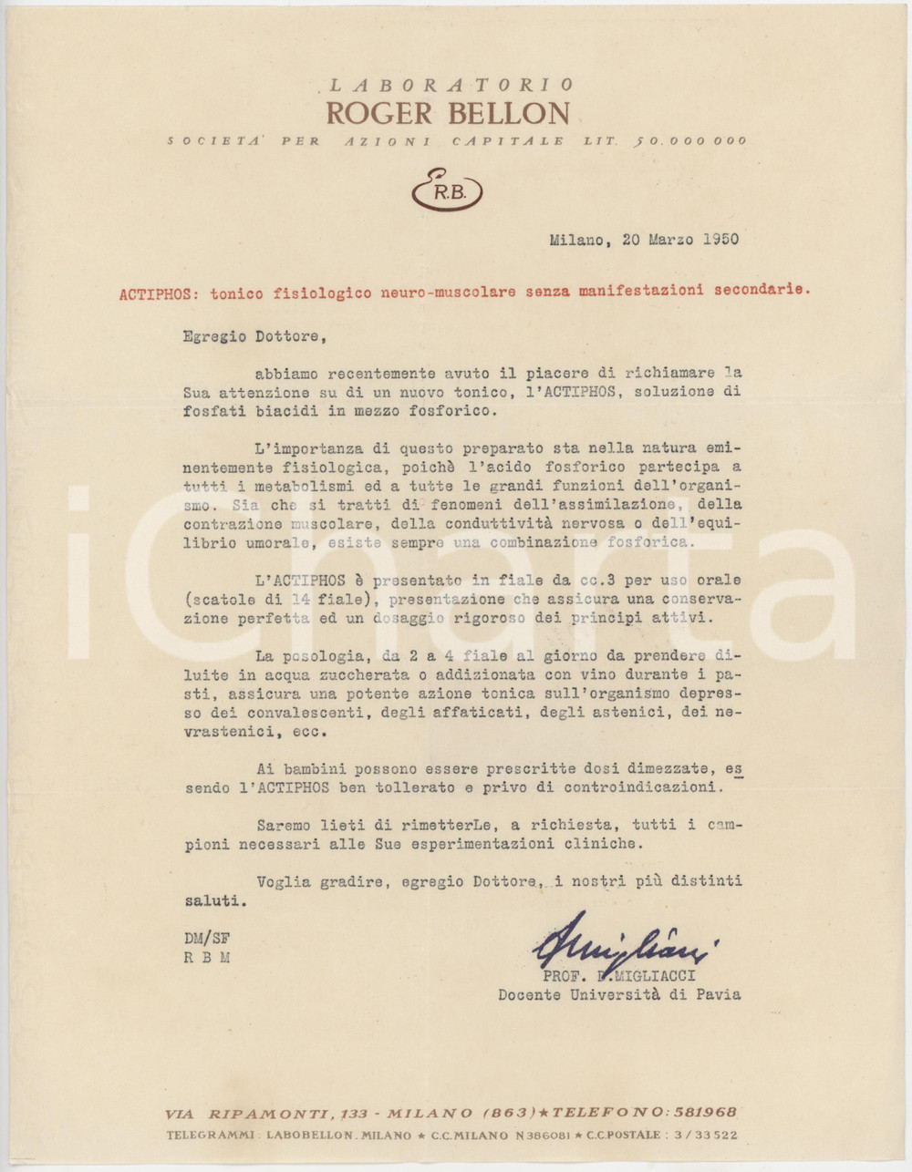 1950 MILANO Laboratorio ROGER BELLON - Lettera pubblicitaria tonico ACTIPHOS