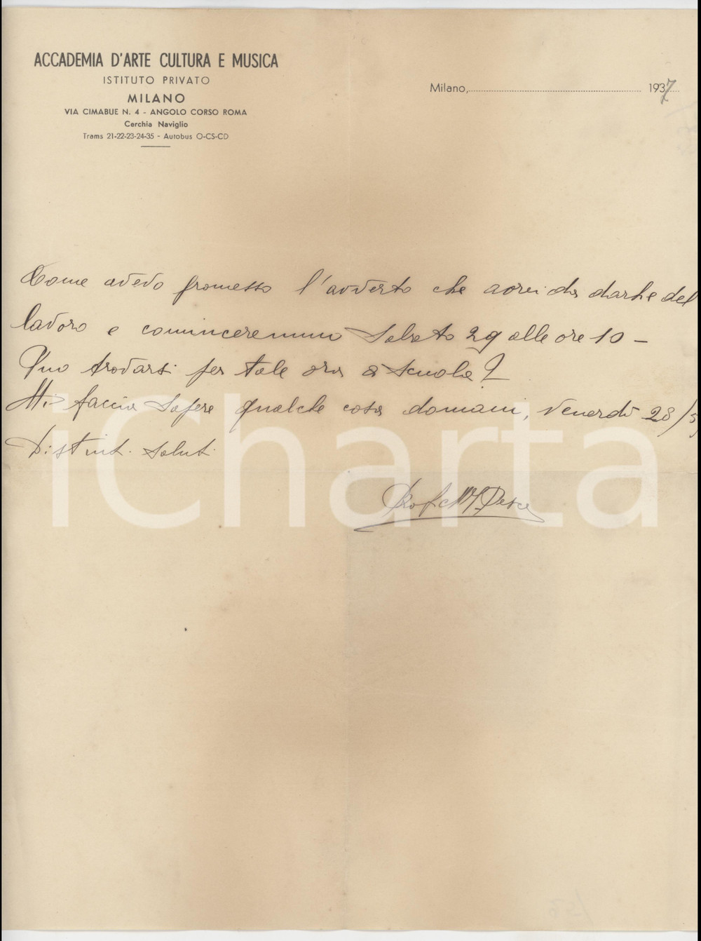1937 MILANO Accademia d'Arte Cultura e Musica - Lettera per incarico