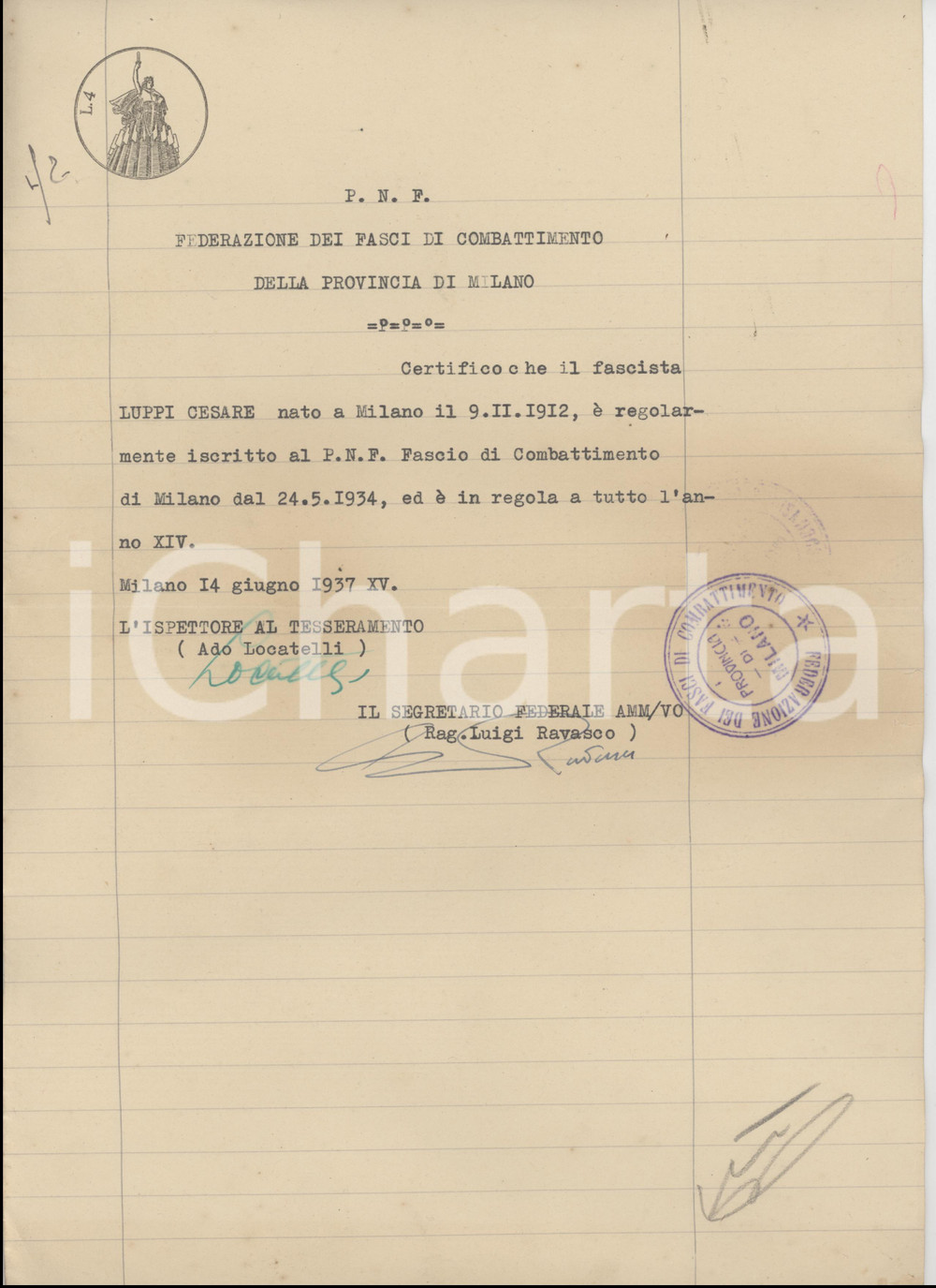 1937 MILANO Certificato Cesare LUPPI - Iscrizione al PNF
