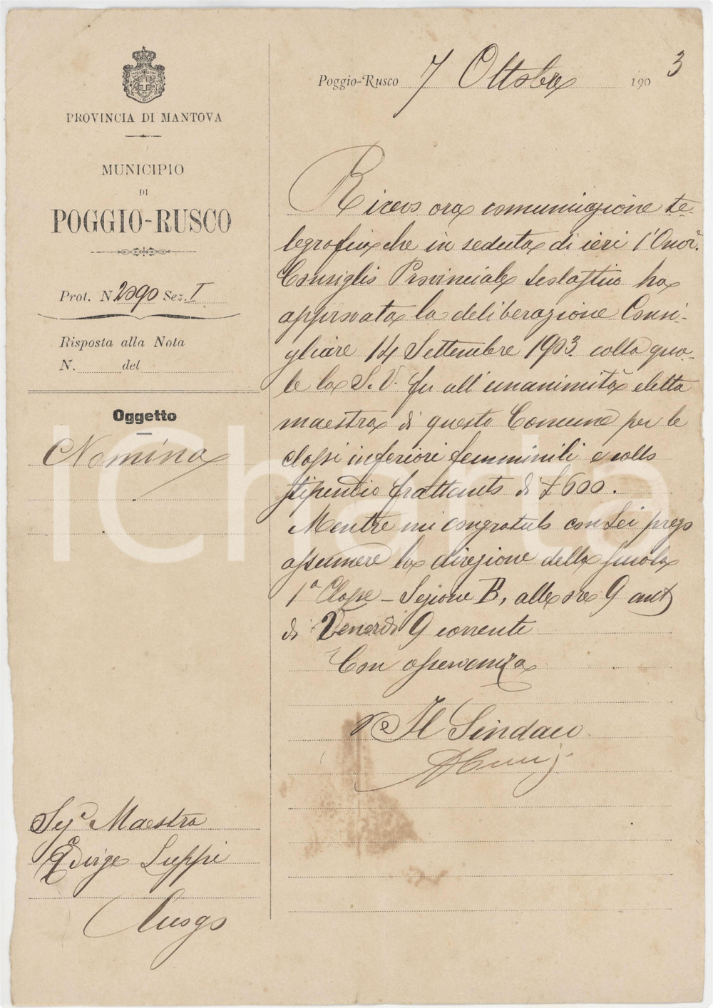 1903 POGGIO RUSCO (MN) Nomina Edvige LUPPI maestra classi inferiori femminili