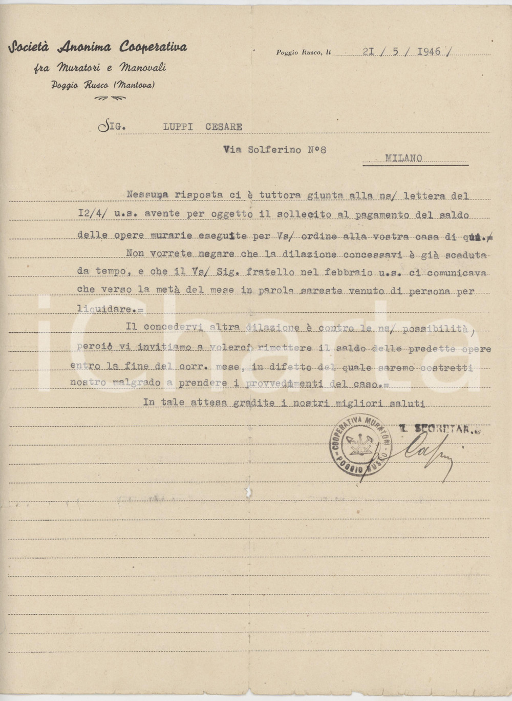 1946 POGGIO RUSCO (MN) Soc. Cooperativa Muratori e Manovali - Lettera sollecito