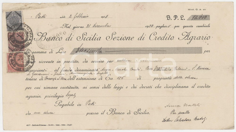 1938 PATTI (ME) BANCO DI SICILIA- Credito Agrario - Cambiale