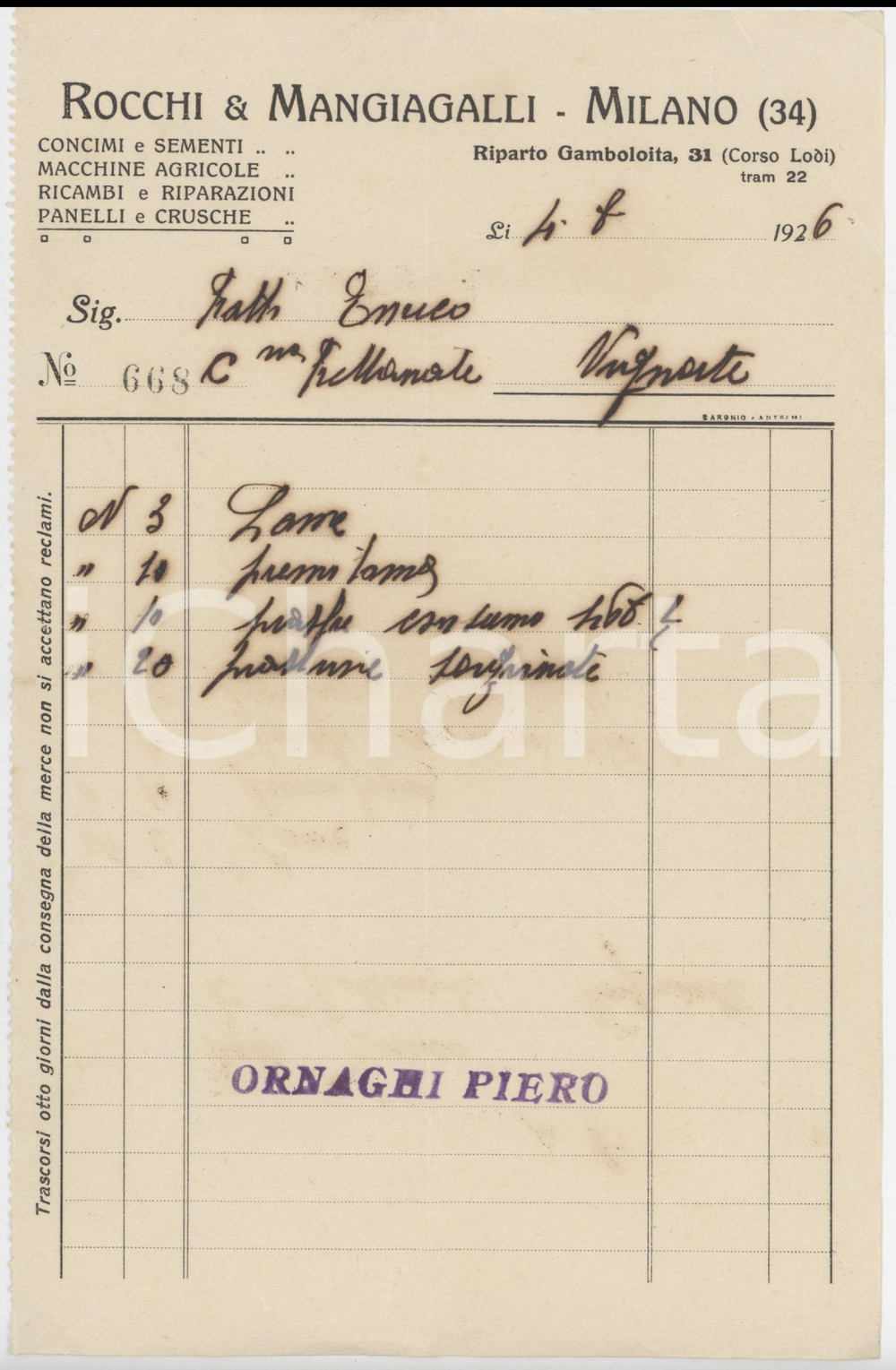 Documento originale, autentico 1926 MILANO Riparto Gamboloita  ROCCHI & MANGIAGALLI Concimi Sementi  Ricevuta 1