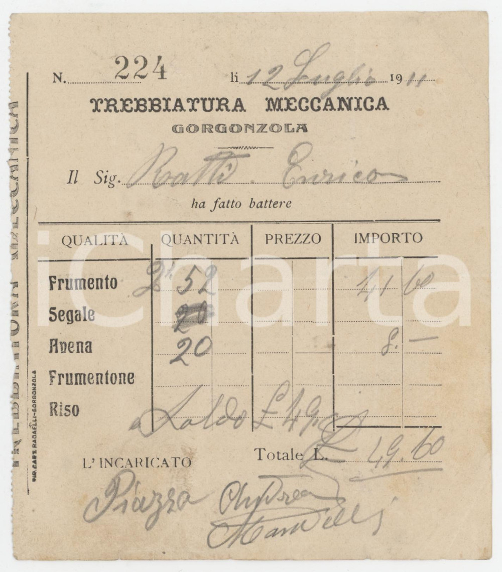 Documento originale, autentico 1911 GORGONZOLA MI  Trebbiatura Meccanica  Ricevuta per frumento e avena 1