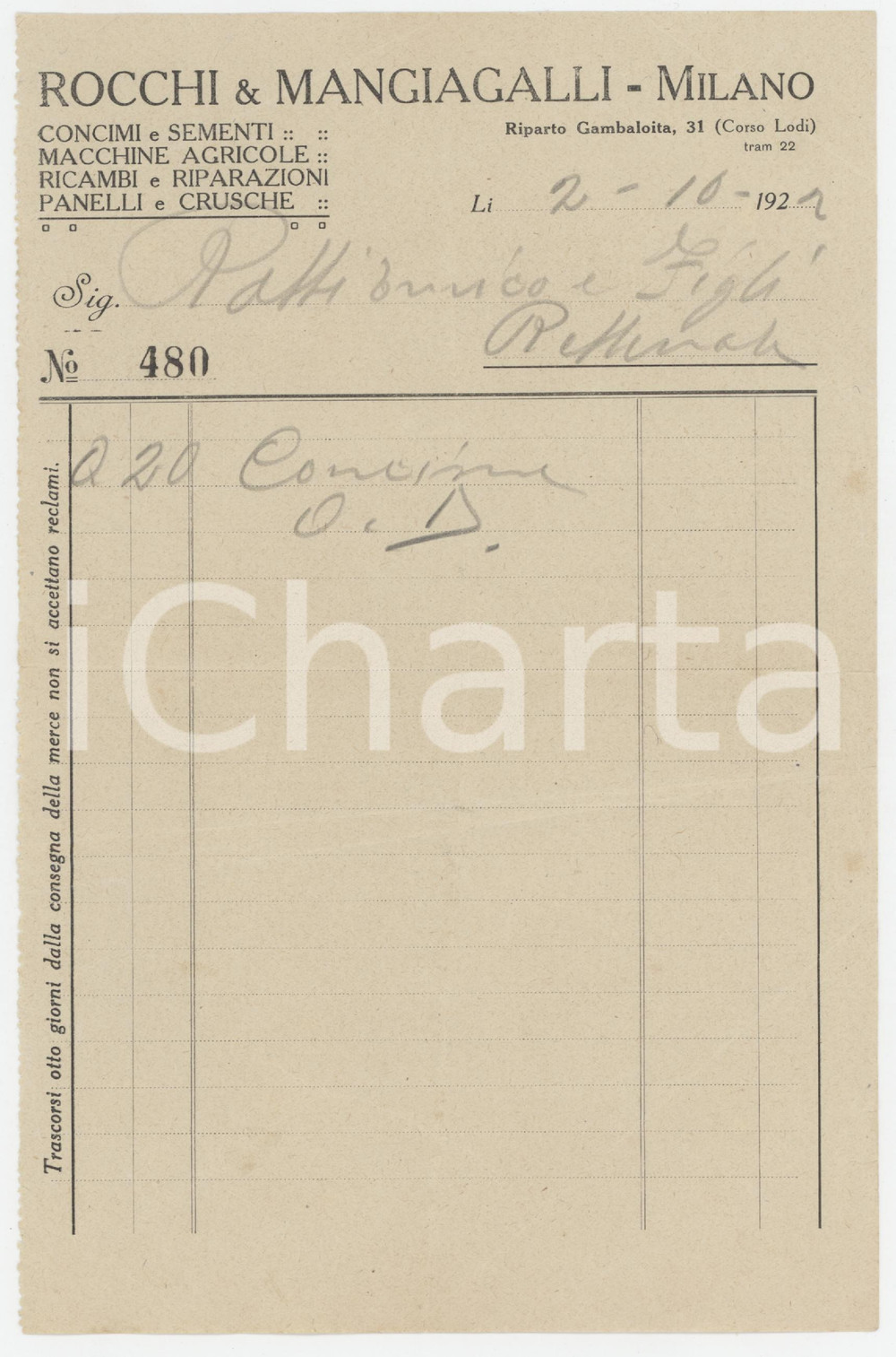 Documento originale, autentico 1929 MILANO Riparto Gamboloita 31  ROCCHI & MANGIAGALLI  Ricevuta per concime 1