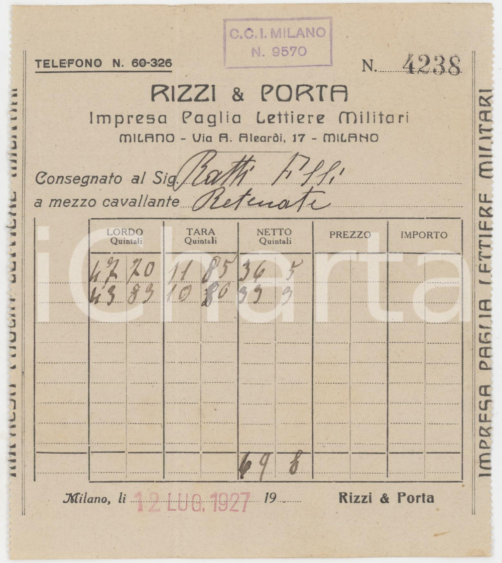 Documento originale, autentico 1927 MILANO Via A. Aleardi RIZZI & PORTA Paglia per lettiere Bolla consegna 1 1
