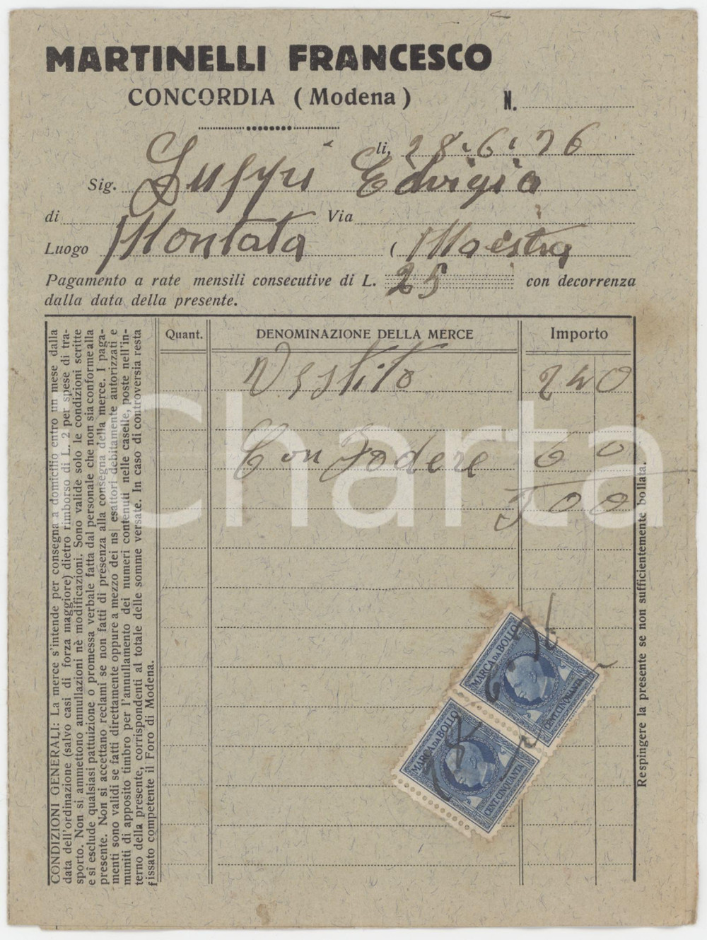 Documento originale, autentico 1926 CONCORDIA SULLA SECCHIA Francesco MARTINELLI Ricevuta per vestito maestra 1