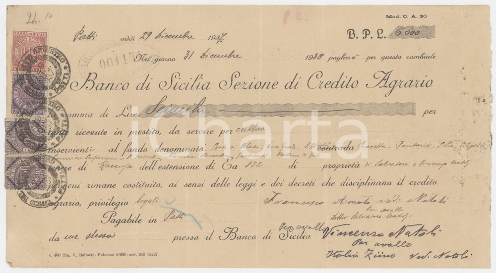 Oggetto da collezione cartaceo 1937 PATTI ME BANCO DI SICILIA Credito Agrario  Cambiale 1
