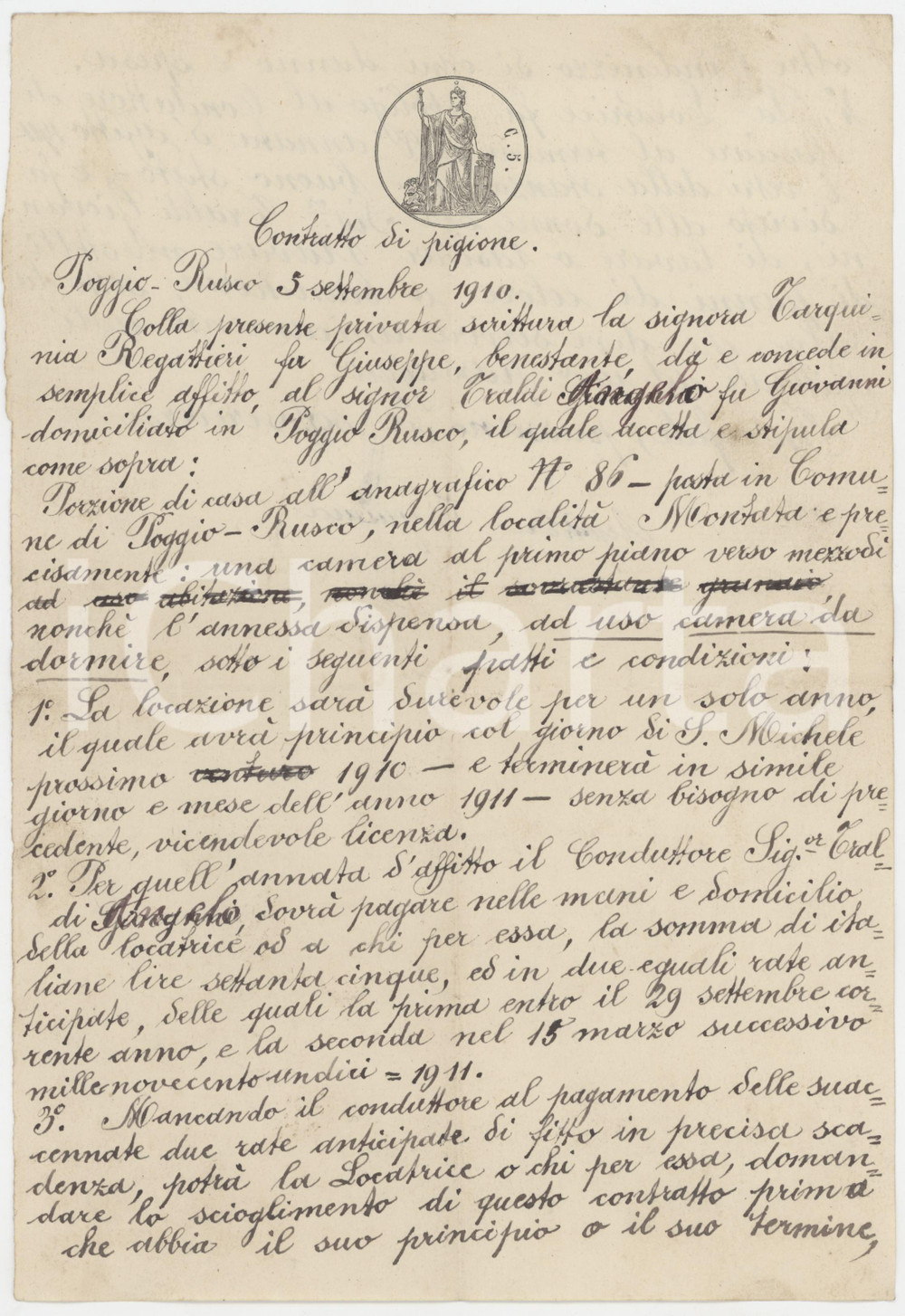 1910 POGGIO RUSCO (MN) Contratto di pigione Tarquinia REGATTIERI - Angelo TRALDI