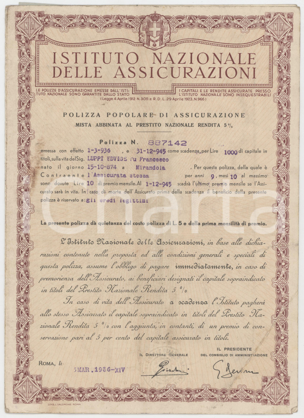 1936 ISTITUTO NAZIONALE ASSICURAZIONI Polizza vita Edvige LUPPI