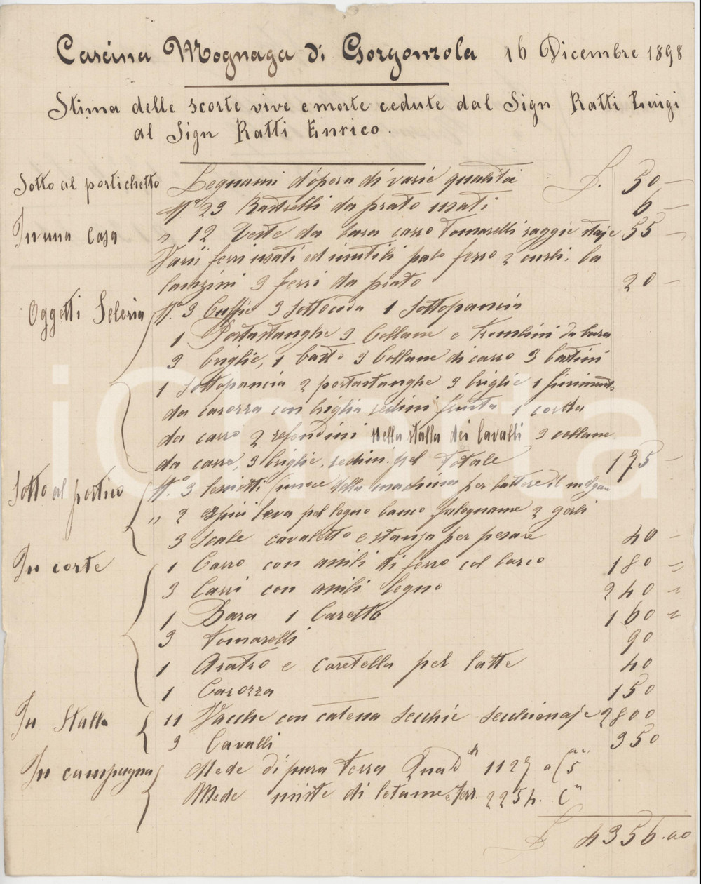 1898 GORGONZOLA - Cascina MOGNAGA - Stima scorte cedute da Luigi a Enrico RATTI