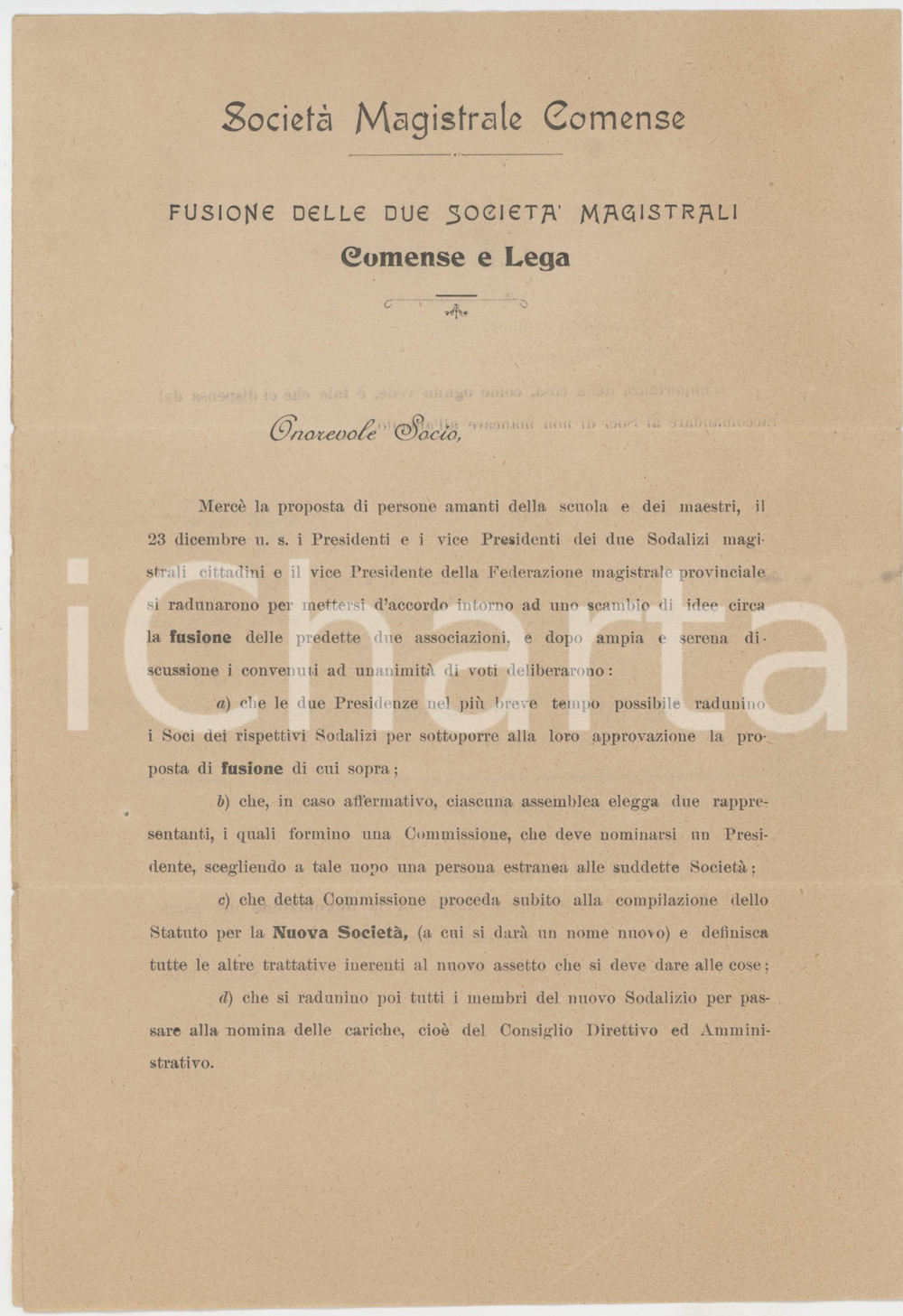 1907 COMO Fusione Società Magistrale COMENSE e LEGA - Lettera