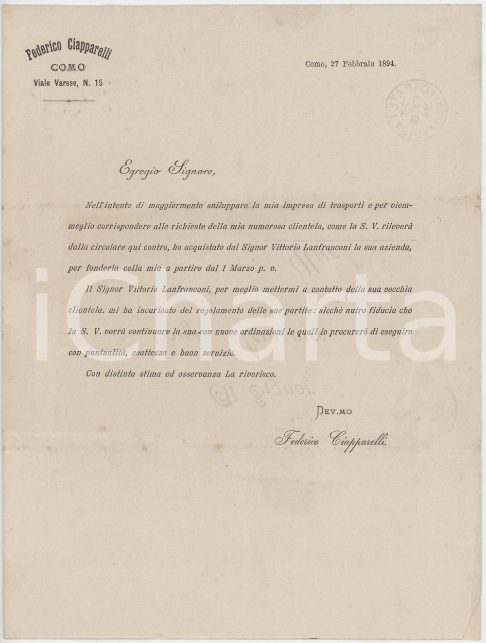 1894 COMO Lettera Federico CIAPPARELLI ditta trasporti - Fusione LANFRANCONI
