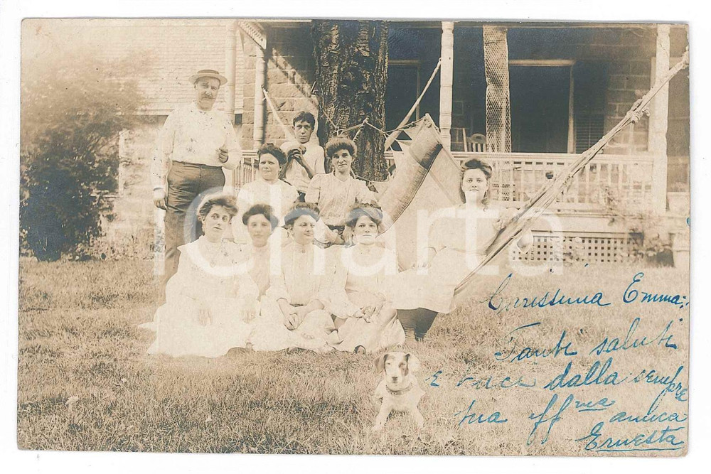 1904 NEW YORK Famiglia italoamericana sul prato con il cane - Foto 14x9 cm