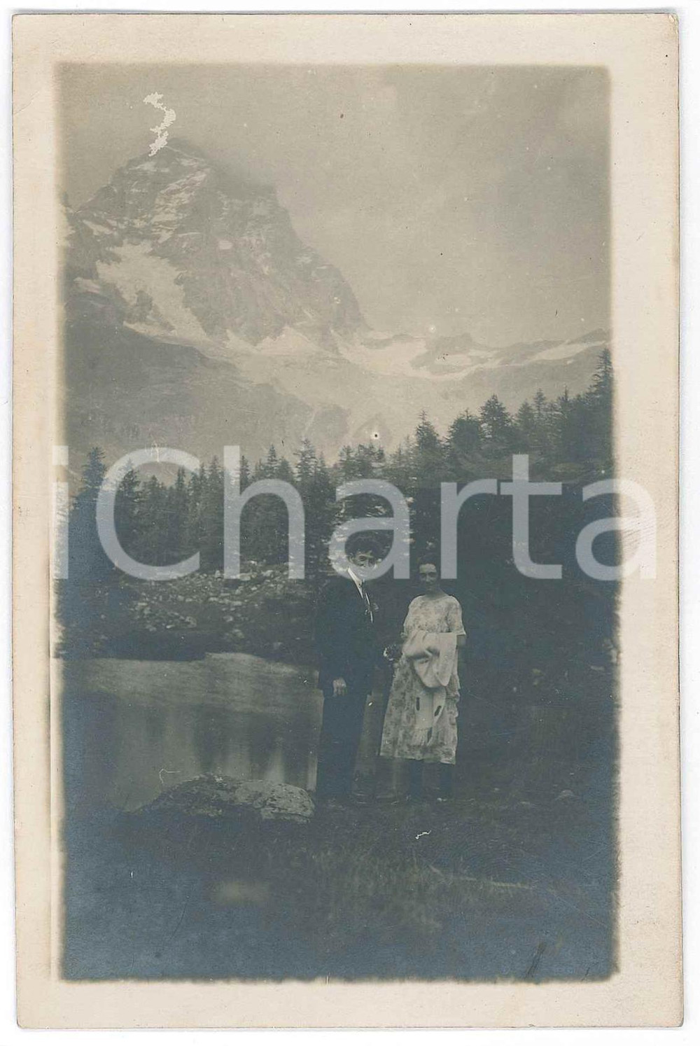 1925 CERVINIA Coppia al Lago Blu - Monte Cervino *Foto cartolina