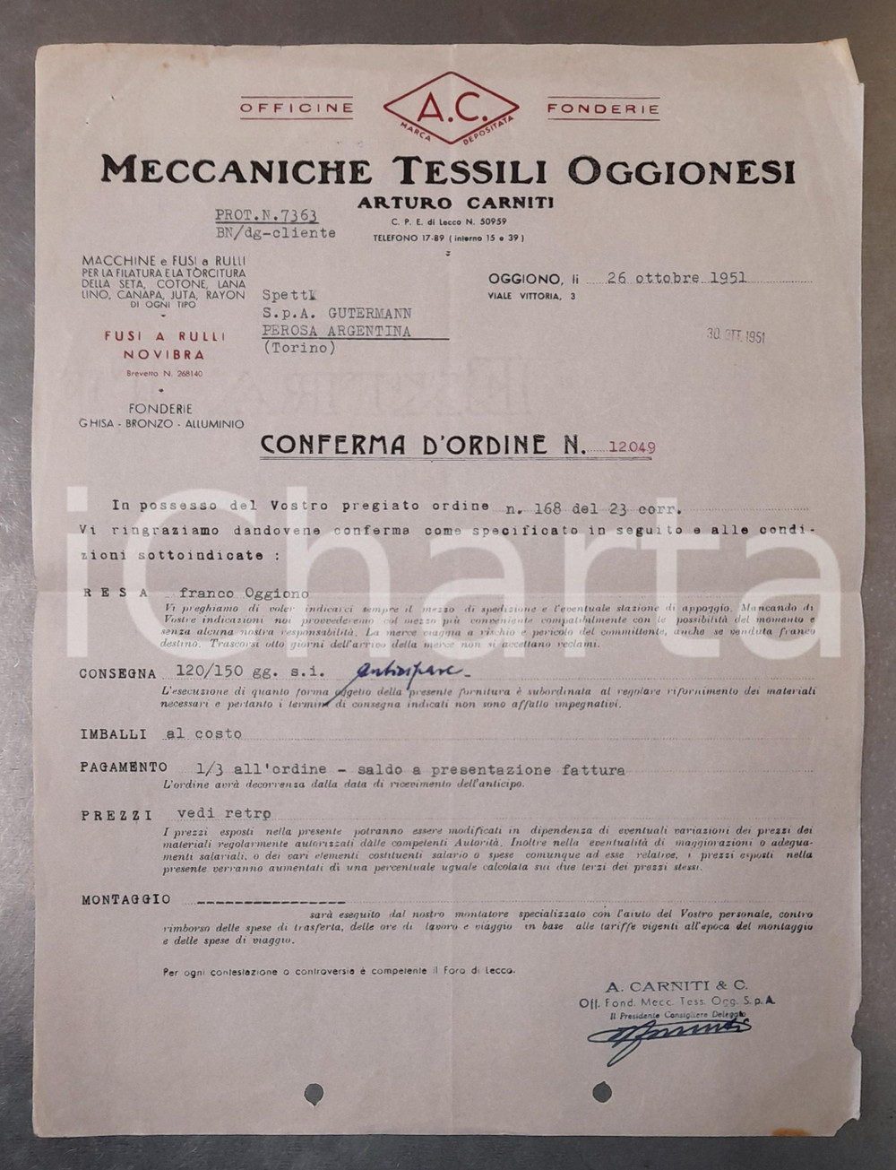 1951 OGGIONO (LC) Arturo CARNITI Meccaniche tessili oggionesi *Conferma d'ordine
