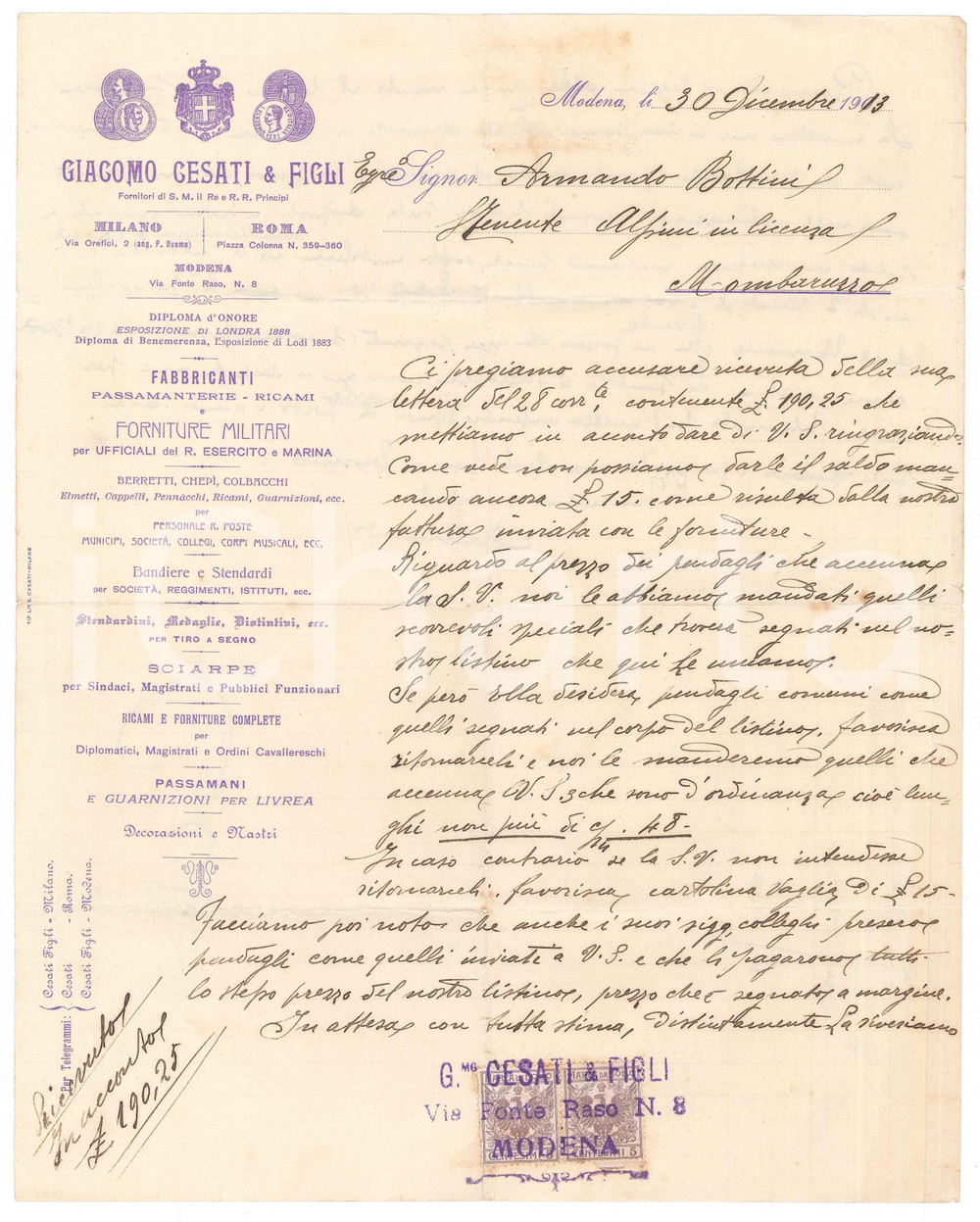 1913 MODENA Giacomo CESATI & Figli Sartoria militare - Lettera commerciale