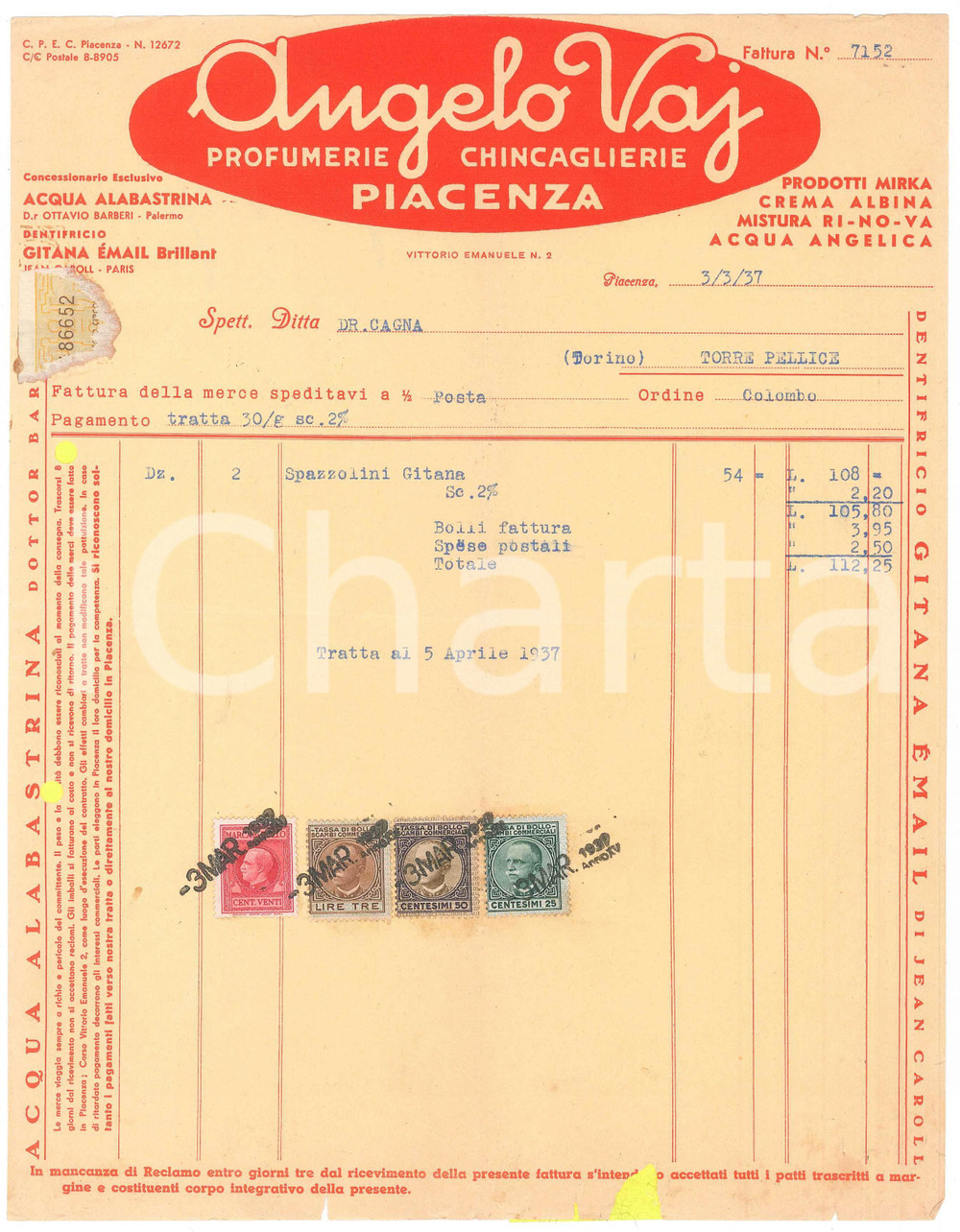 1939 PIACENZA Via Vittorio Emanuele - Angelo VAJ Profumerie *Fattura commerciale
