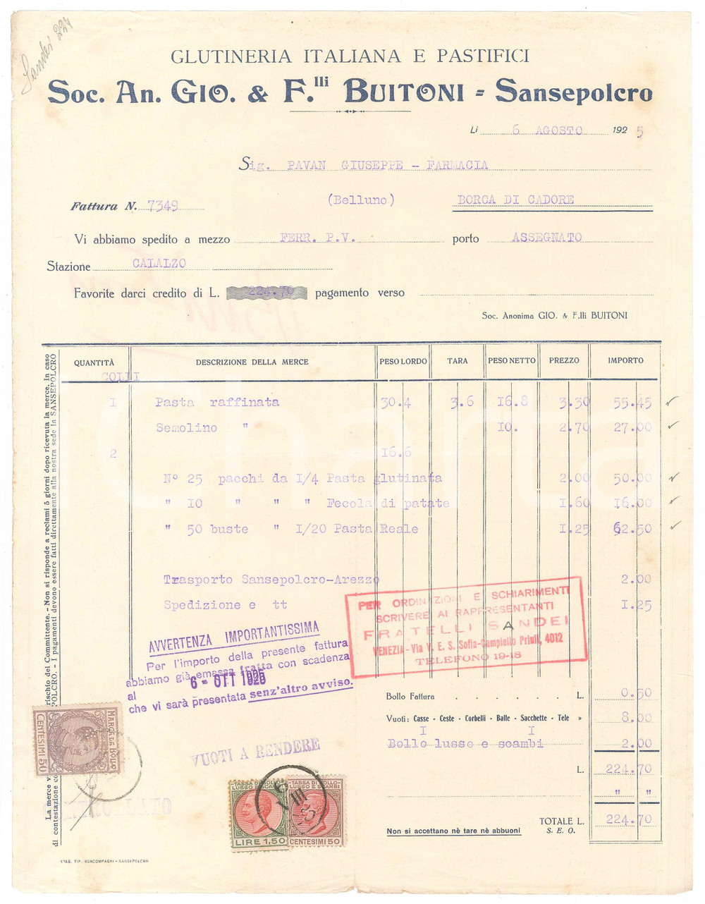 1925 SANSEPOLCRO (AR) Soc. An. Gio. & F. lli BUITONI Glutineria - Fattura
