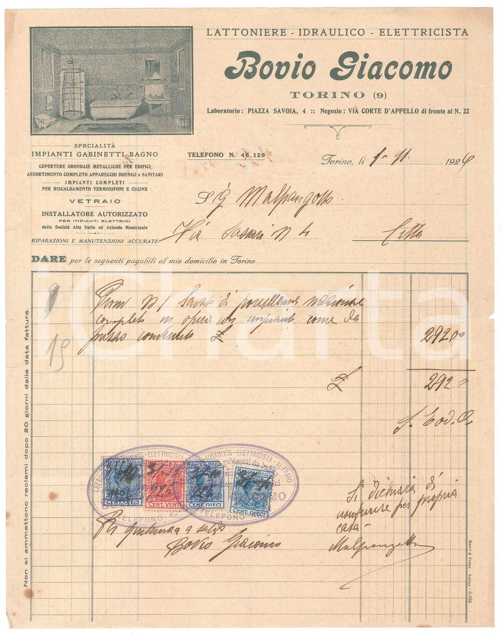 1926 TORINO Via Corte d'Appello - Giacomo BOVIO Lattoniere Idraulico - Fattura
