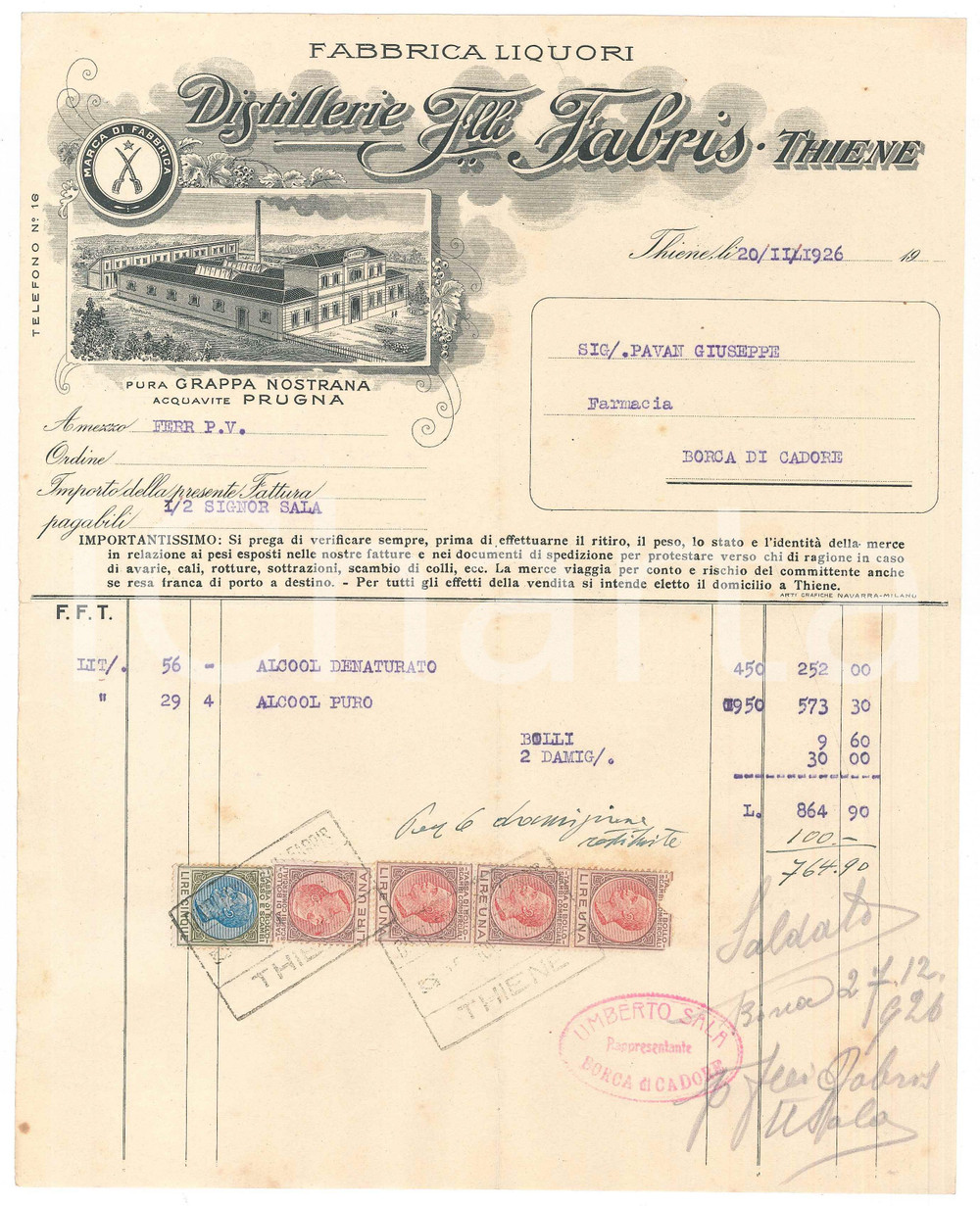 1926 THIENE (VI) Distillerie F.lli FABRIS Fabbrica liquori - Fattura commerciale