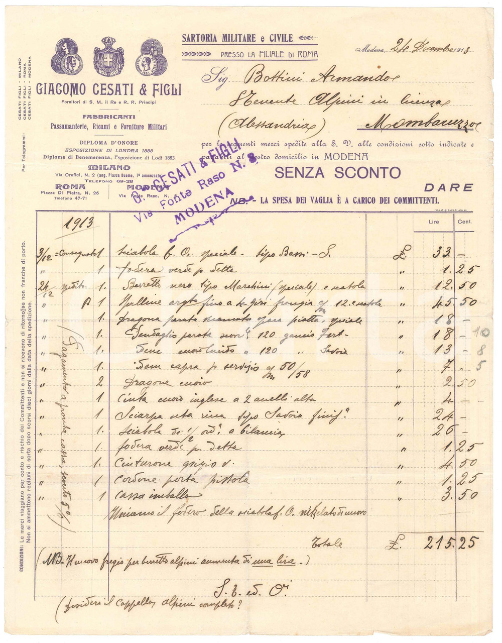 1913 MODENA Giacomo CESATI & Figli Sartoria militare - Fattura commerciale