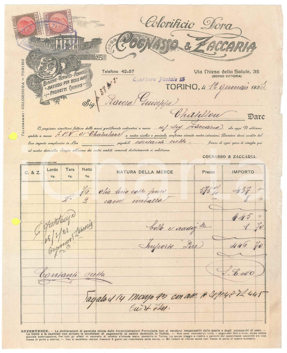 1923 TORINO Via Chiesa della Salute COGNASSO & ZACCARIA Colorificio Dora Fattura