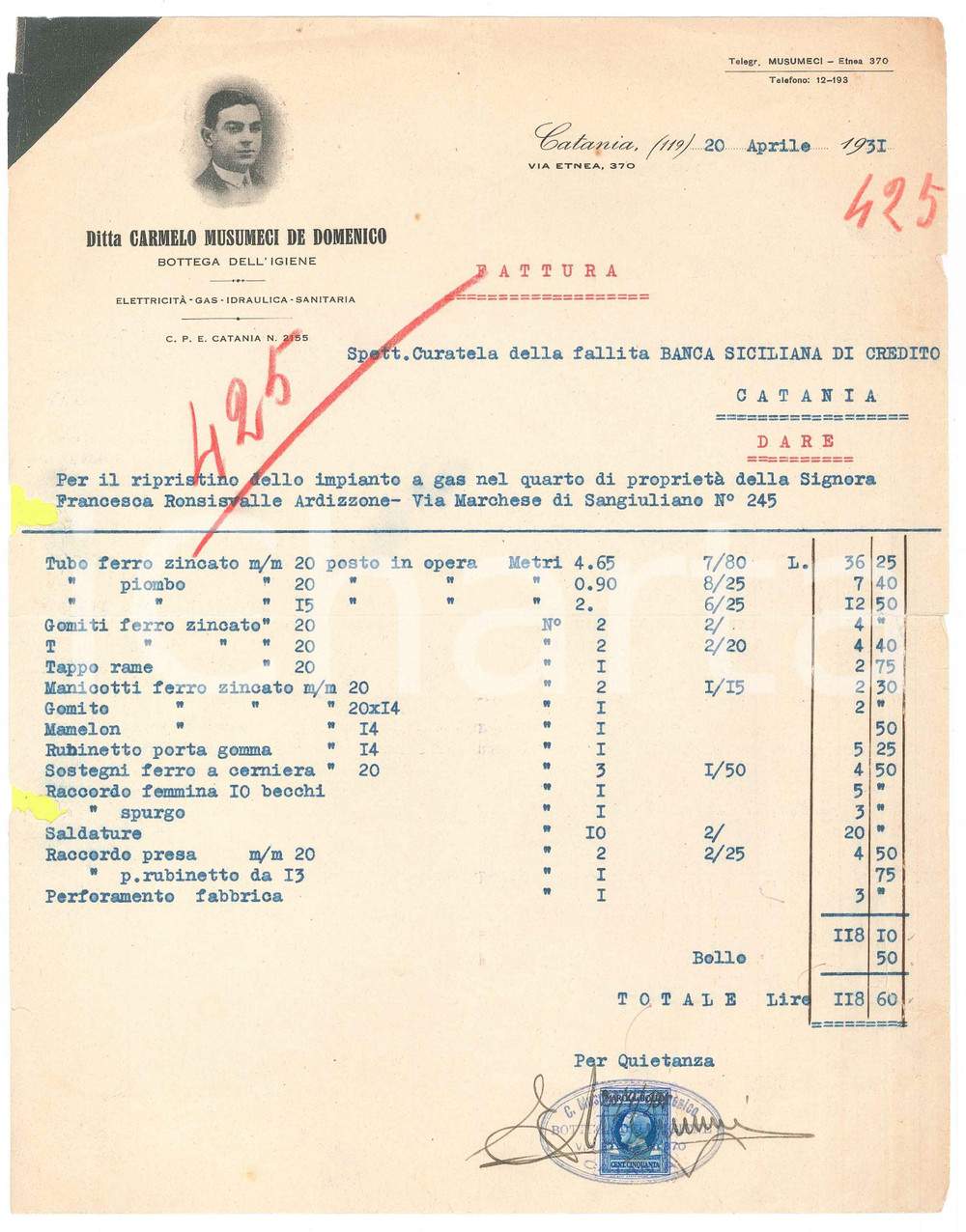 1931 CATANIA Ditta Carmelo MUSUMECI DE DOMENICO Gas Idraulica Sanitaria *Fattura