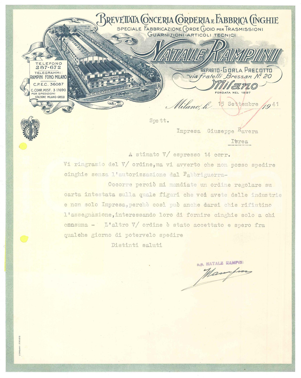 1941 WW2 MILANO Conceria Natale RAMPINI Autorizzazione dal Fabbriguerra *Lettera