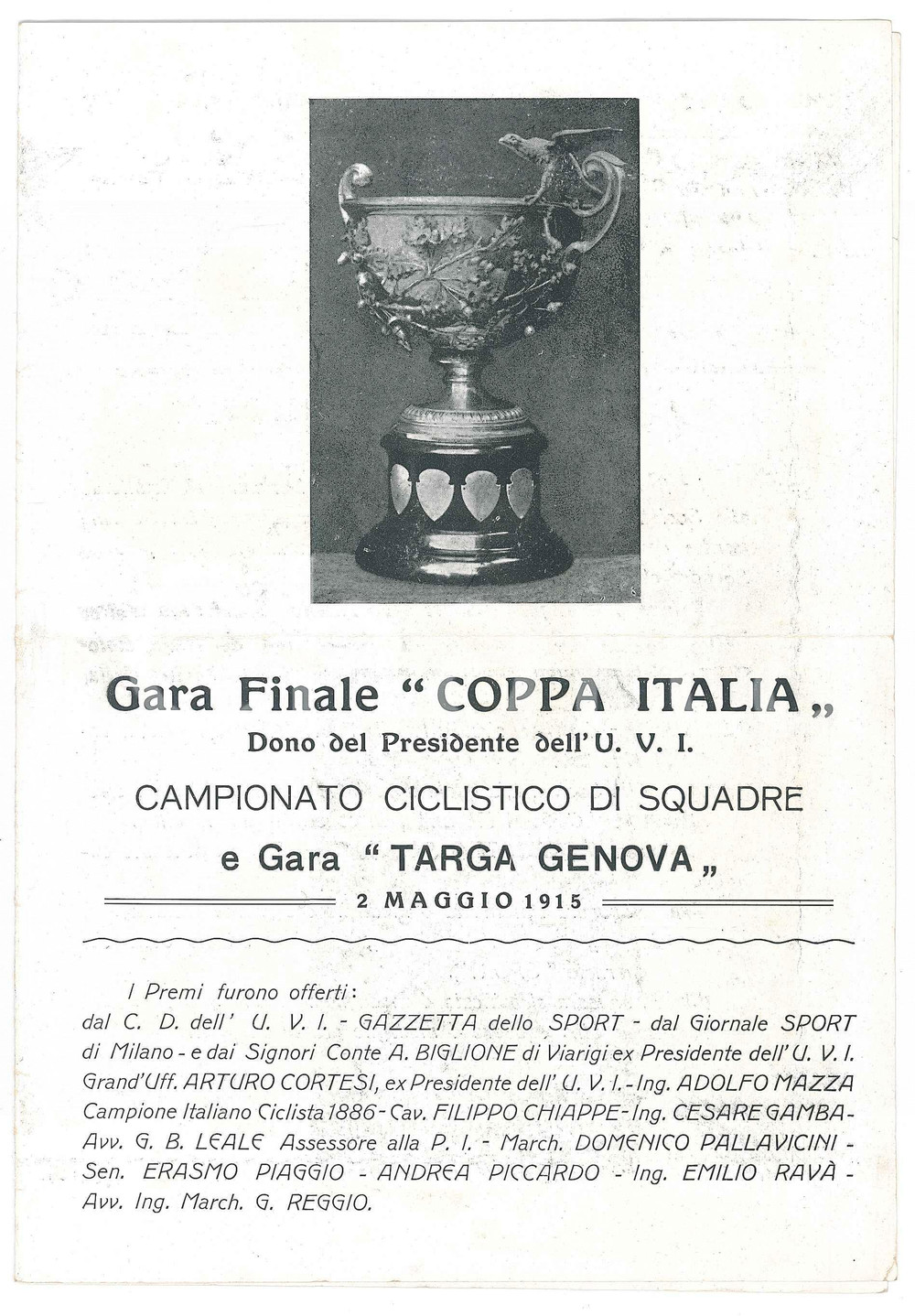 1915 CICLISMO GENOVA Gara COPPA ITALIA e TARGA GENOVA - Programma