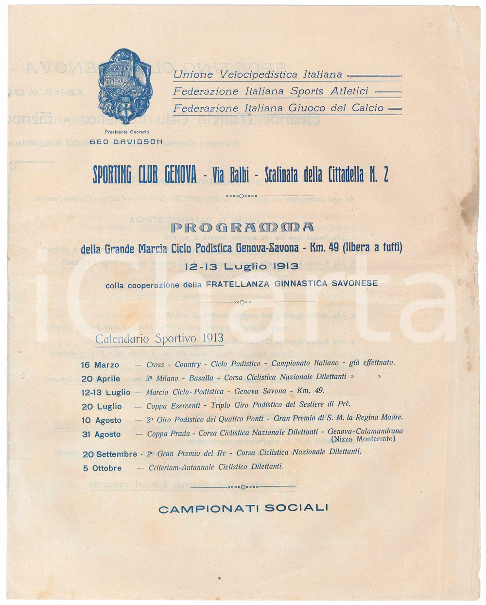 1913 SPORTING CLUB GENOVA Grande Marcia Ciclo Podistica GENOVA-SAVONA Programma