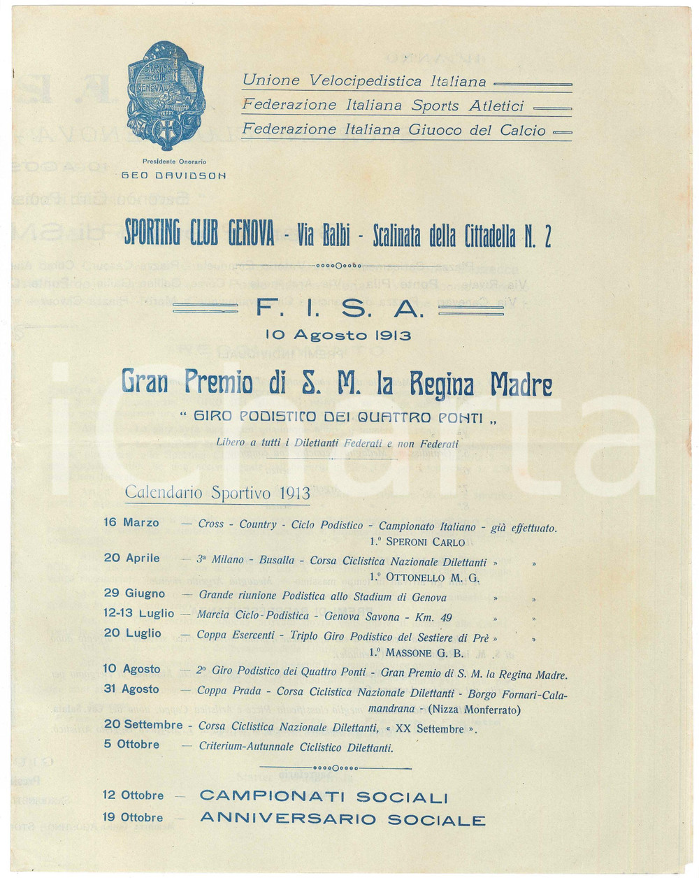 1913 SPORTING CLUB GENOVA F.I.S.A. Giro Podistico dei Quattro Ponti - Programma