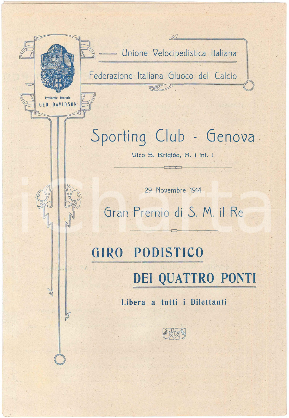 1914 SPORTING CLUB GENOVA Giro Podistico dei Quattro Ponti - Programma  Pieghevole d'epoca, contenente il programma di gara e il regolamento.PAGINE: 4 +1 FAIR/discreto piegatura centrale d'epoca Formato: 22x32 cm originale e autentica 1