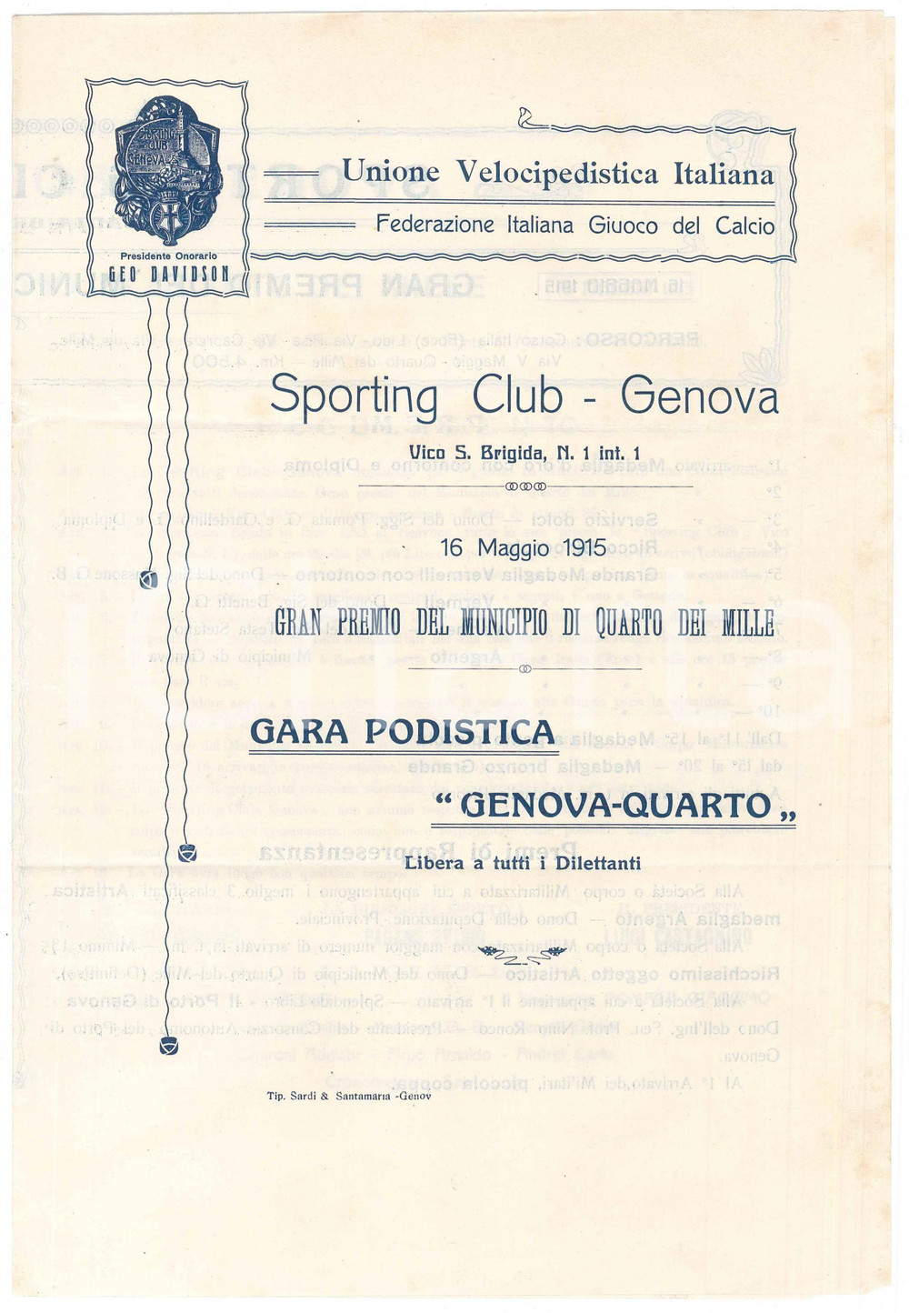 1915 SPORTING CLUB GENOVA Gara podistica GENOVA-QUARTO - Pieghevole