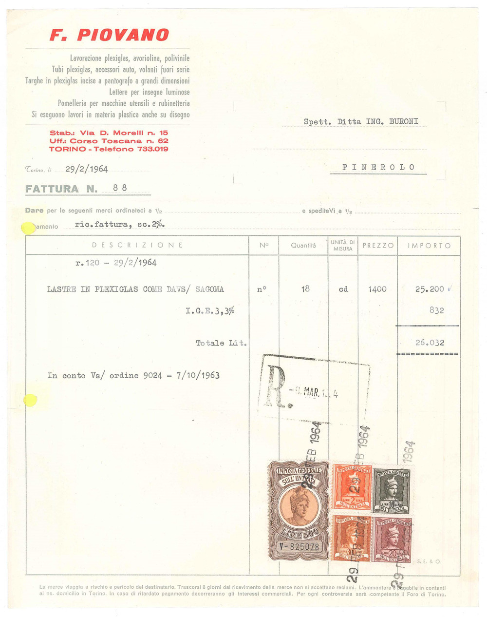 1964 TORINO Via D. Morelli 15 - F. PIOVANO Lavorazione plexiglas - Fattura