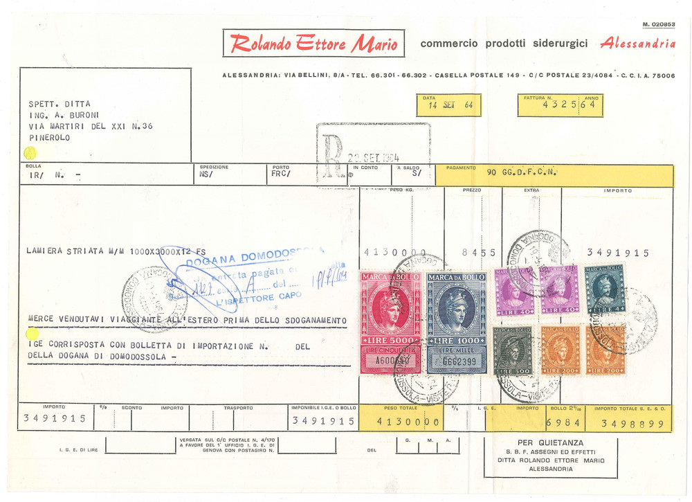 1964 ALESSANDRIA - Ditta ROLANDO ETTORE MARIO Prodotti siderurgici - Bolla (2)