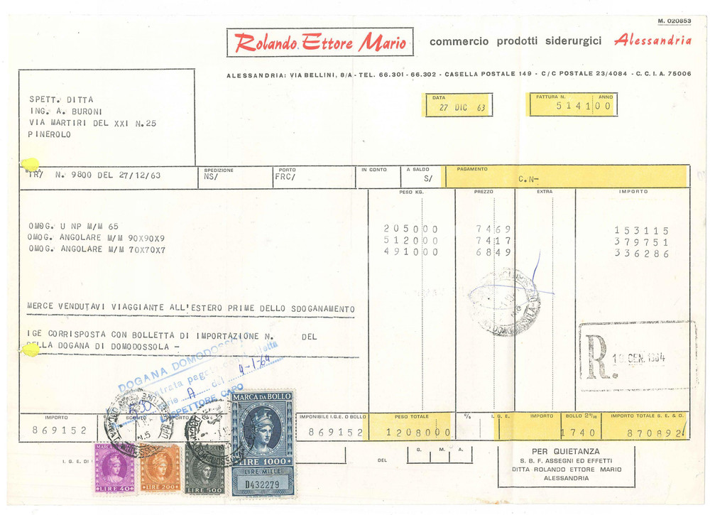 1964 ALESSANDRIA - Ditta ROLANDO ETTORE MARIO Prodotti siderurgici - Bolla (3)